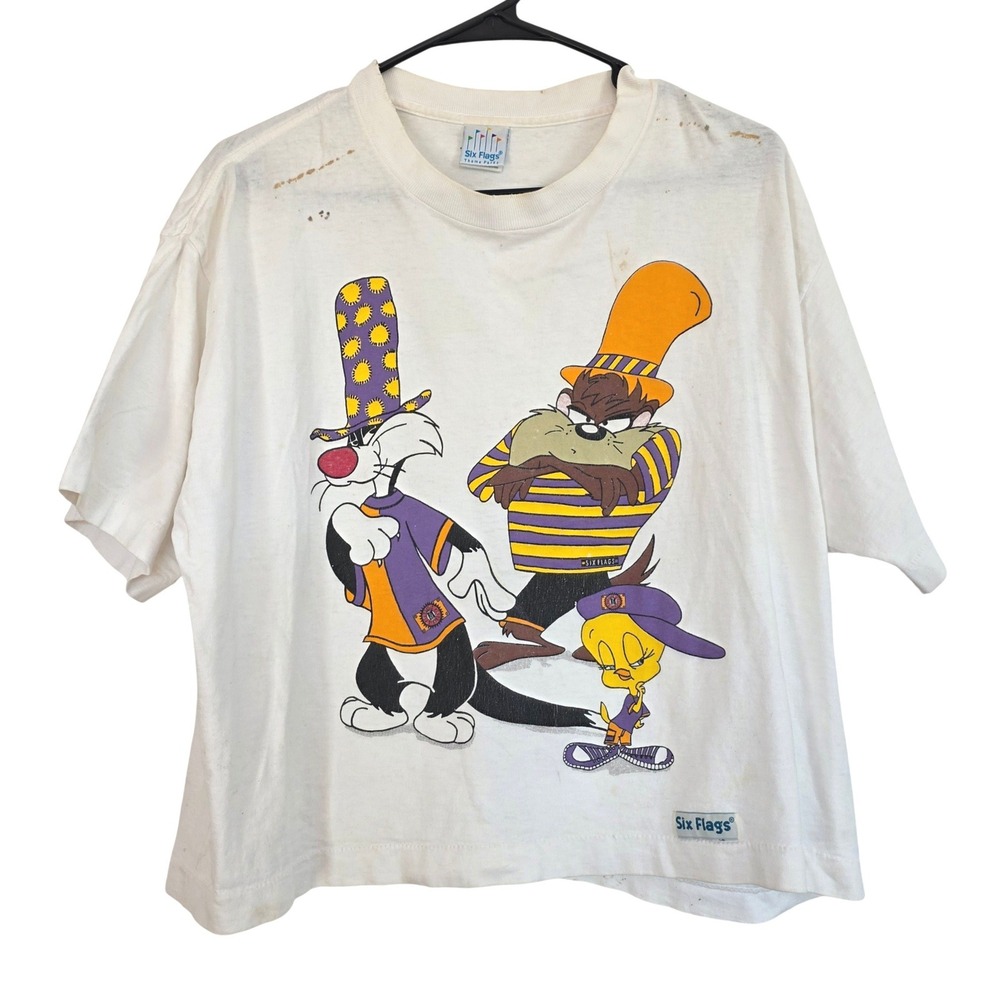 Vintage 1993 Six Flags Looney‎ Tunes T Shirt Taz Sylvester Tweety White OSFA USA